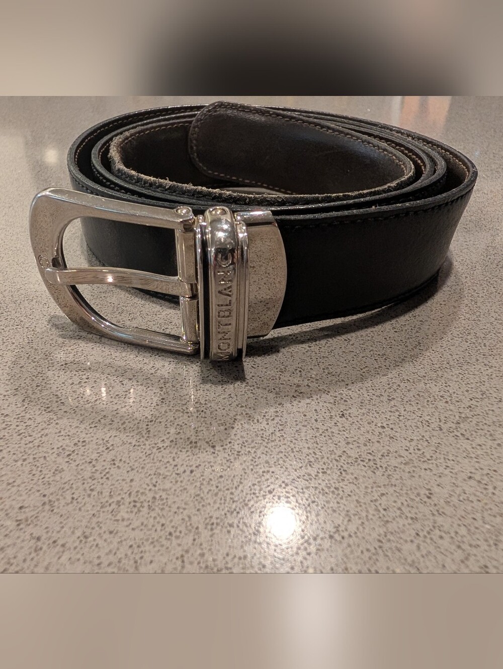 Mont Blanc Black Leather Belt with Branded Silver Buckle